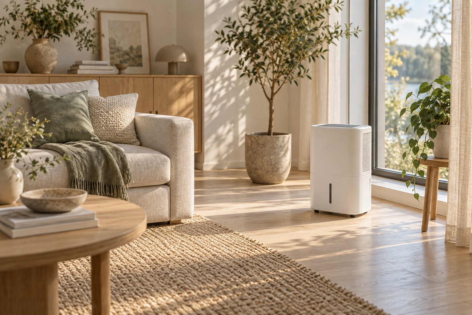 Illustration of a sunlit room with a dehumidifier