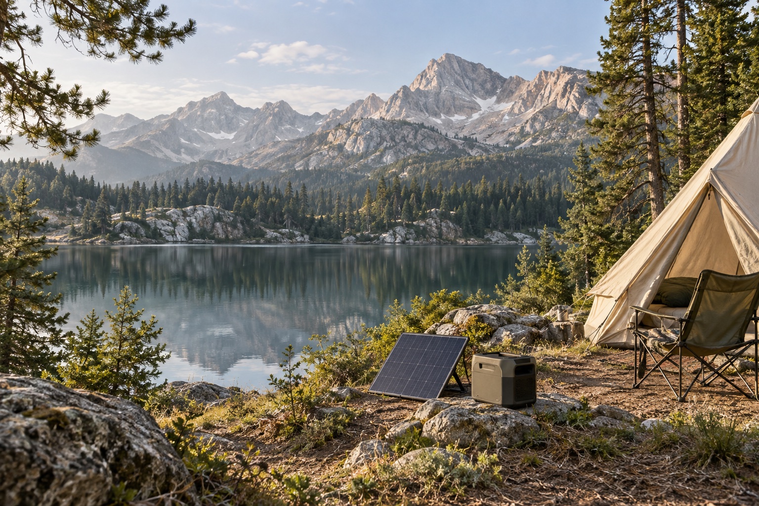 Illustration of a quiet lakeside campsite